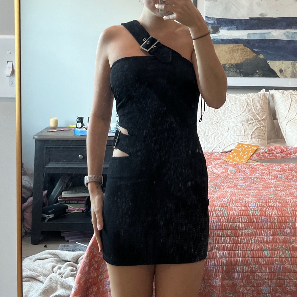 Asymmetrical black dress with rhinestone buckles
